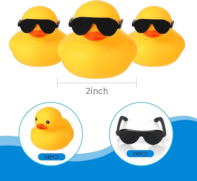 24 Pcs Mini Rubber Ducks with Sunglasses, Rubber Ducks in Bulk Valentine Bathtub Toys for Cruise Valentines Kids Classroom Gift Exchange(Eyeglasses)