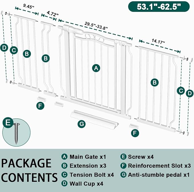 Fairy Baby 53.1"-62.5" Extra Wide Baby Gate for Stairs, Pressure-Mounted Standard Tall Dog Gates for Doorways & Kitchen, Auto-Close Walk-Through Metal Pet Gate, Safety Child Proof Safety, White
