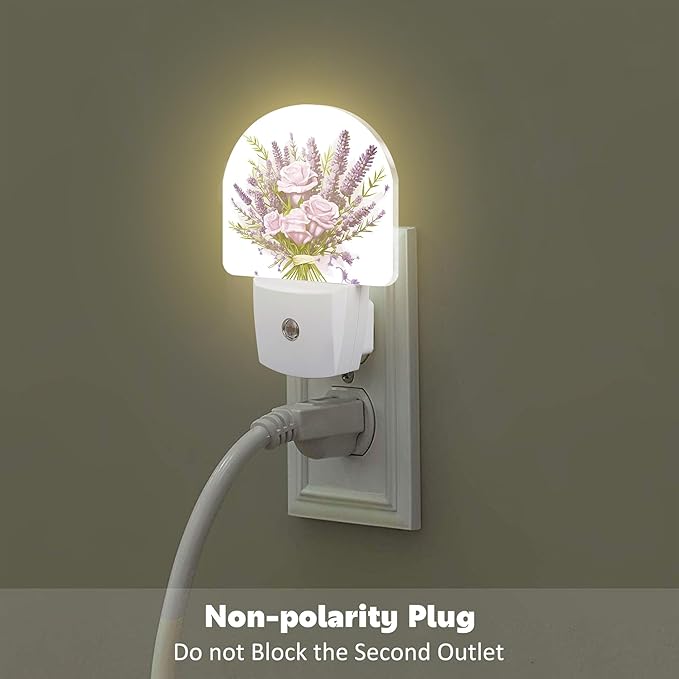 Purple Lavender Louquet Night Light Plug into Wall,Watercolor Blooming Lavender Floral Dusk to Dawn Night Light Plug in,0.5w Energy Saving Sleep Friendly NightLight for Kids Boys Girls Home Decor