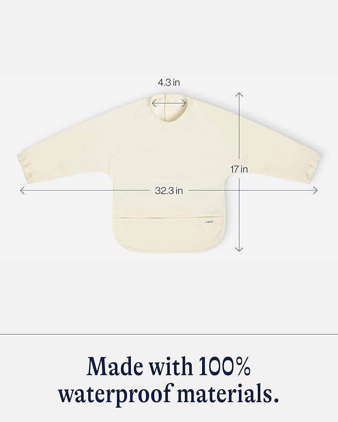 Lalo Smock Bib - Long Sleeve Bib for Infants and Toddlers - Elastic Cuffs, Large Catch-All Pocket, Waterproof Recycled Polyester - Easy to Clean for Mealtime and Art Time - Oatmeal Infant