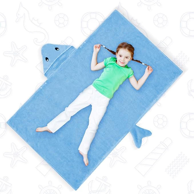 ROMASA Toddler Hooded Bath Towel Ultra Soft Towel Highly Absorbent Bathrobe Blanket for Boys Girls- 27.5" x 55"(Blue Shark-Shape)