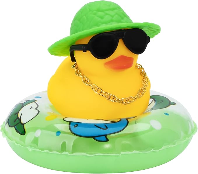 wonuu Car Rubber Duck, Yellow Duck Decoration Dashboard with Sun Hat Swim Ring Necklace Sunglasses for Car Dashboard Decorations