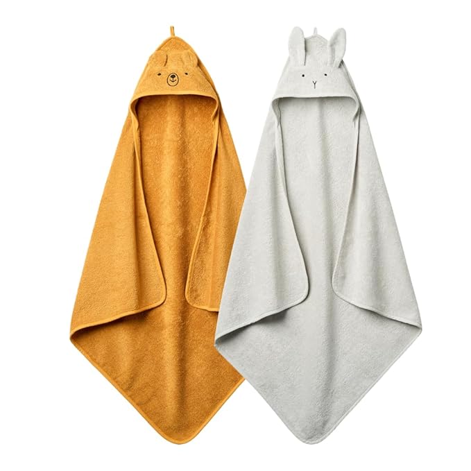 Baby Hooded Towel – Organic Cotton Baby Bath Towels, 32" x 32" Super-Soft and Absorbent Baby Towels for Newborn 2-Pack (Grey/Yellow)