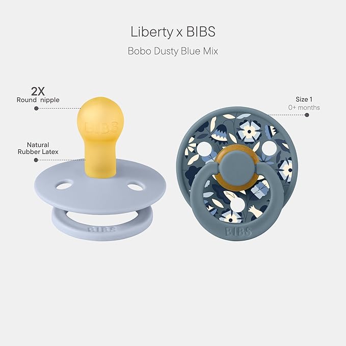 BIBS Colour Liberty Soother 2-Pack, BPA Free Dummy Pacifier, Round Nipple. Natural Rubber Latex, Made in Denmark, Size 1 (0-6 Months), Bobo Dusty Blue Mix