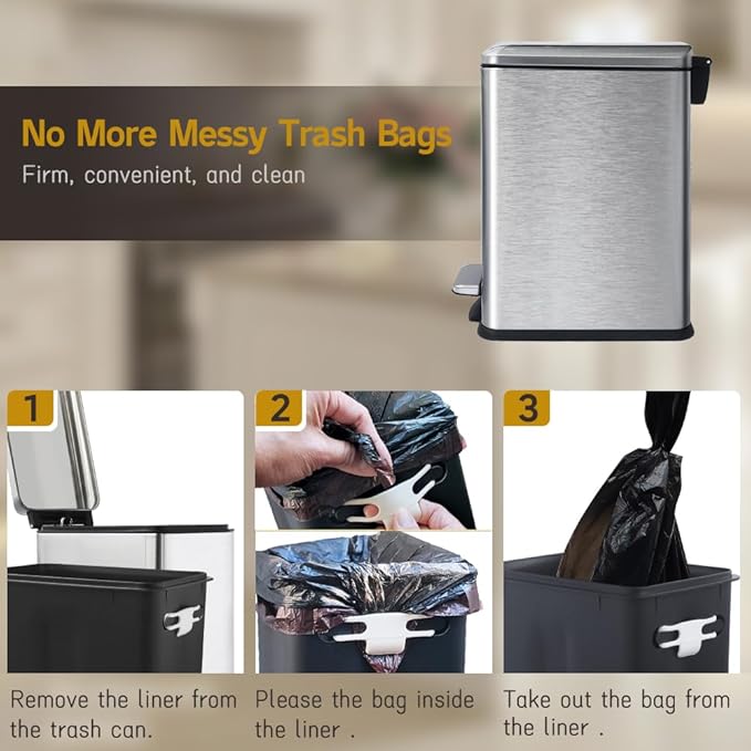 Bathroom Trash Can, 2.6 Gallon Trash Can with lid, Stainless Steel Garbage Can with Removable Liner Bucket, Pedal Rectangle Trash Bin for Bathroom, Office, Kitchen, Bedroom, 10 Liter