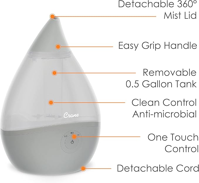 Crane Teardrop Ultrasonic Cool Mist Baby Humidifier for Nursery, Essential Oil Diffuser, Adjustable Settings, Auto Shut-Off, Grey, 0.5 Gallon
