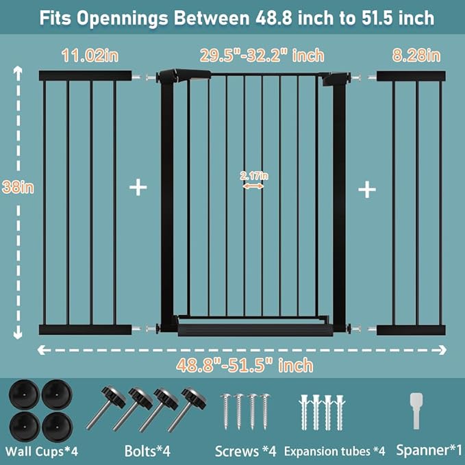 Extra Tall 38.5" Pet Gate - 48.82"-51.57" Wide Walk-Through Baby Gate with Door for The House - Puppy Dog Child Safety