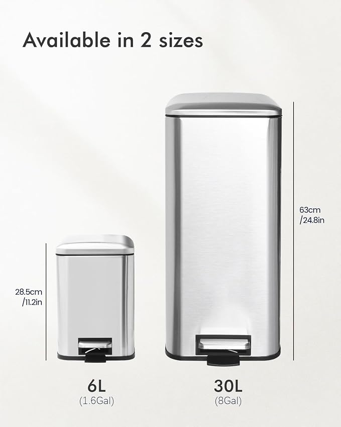 Bathroom Trash Can with Lid, 6 Liter / 1.6 Gallon Small Trash Can with Removable Liner Bucket, Soft Close lid & Step Pedal, Silver Stainless Steel Garbage Can for Bedroom, Office, Dorm