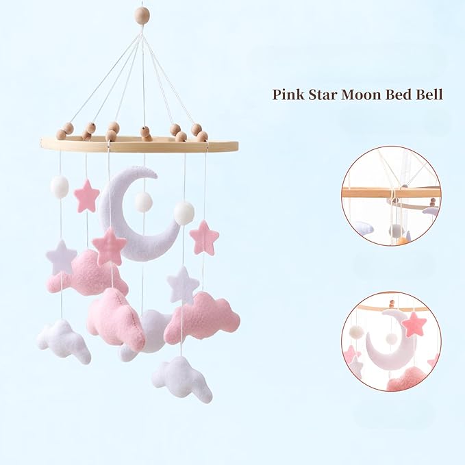 Baby Crib Mobile for Nursery, Pink Mobile Crib, Baby Mobile for Bassinet, Nursery Decor Nursery Hanging Decor Felt Moon Stars Clouds Baby Gift for Boys and Girls
