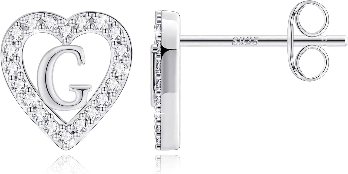 Anoup Christmas Gifts for Grandkids Girls Earrings - S925 Sterling Silver Post CZ Hypoallergenic Stud Heart Initial Earrings for Women Kids Jewelry Stocking Stuffers for Teen Girls Birthday Gifts
