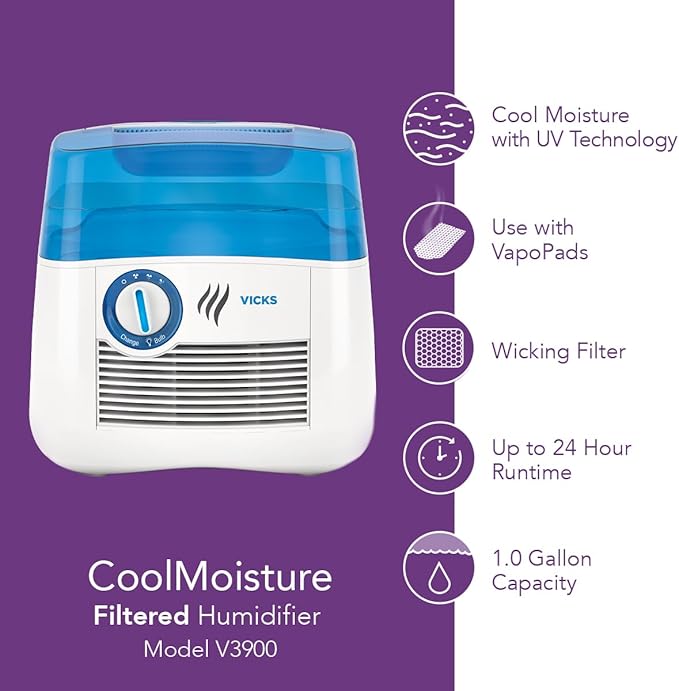 Vicks Cool Mist Humidifier with UV light. Evaporative Humidifier auto-adjusts to room humidity without over humidification. For Kids Bedrooms, Baby Rooms, and More. Use with Vicks VapoPads.