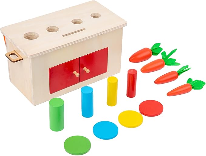 Adena Montessori 4-in-1 Play Kit Box for Infants,Toddlers and Babies 6-12 Months, 1 Year, 2 Year and 3 Year- Includes Coin Box, Cylinder & Carrot Drop Box, and Blind Touch Perception Box with Door