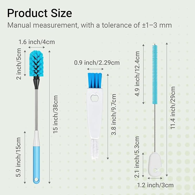 3-in-1 Bottle Brush, 15 Inches Long Handle Kitchen Water Bottle Brush, Stainless Steel Bottle Cleaner Brush with Straw Brush & Lid Brushe for Cleaning Wine Glasses,Coffee Mugs,Tumblers,Wine Decanters