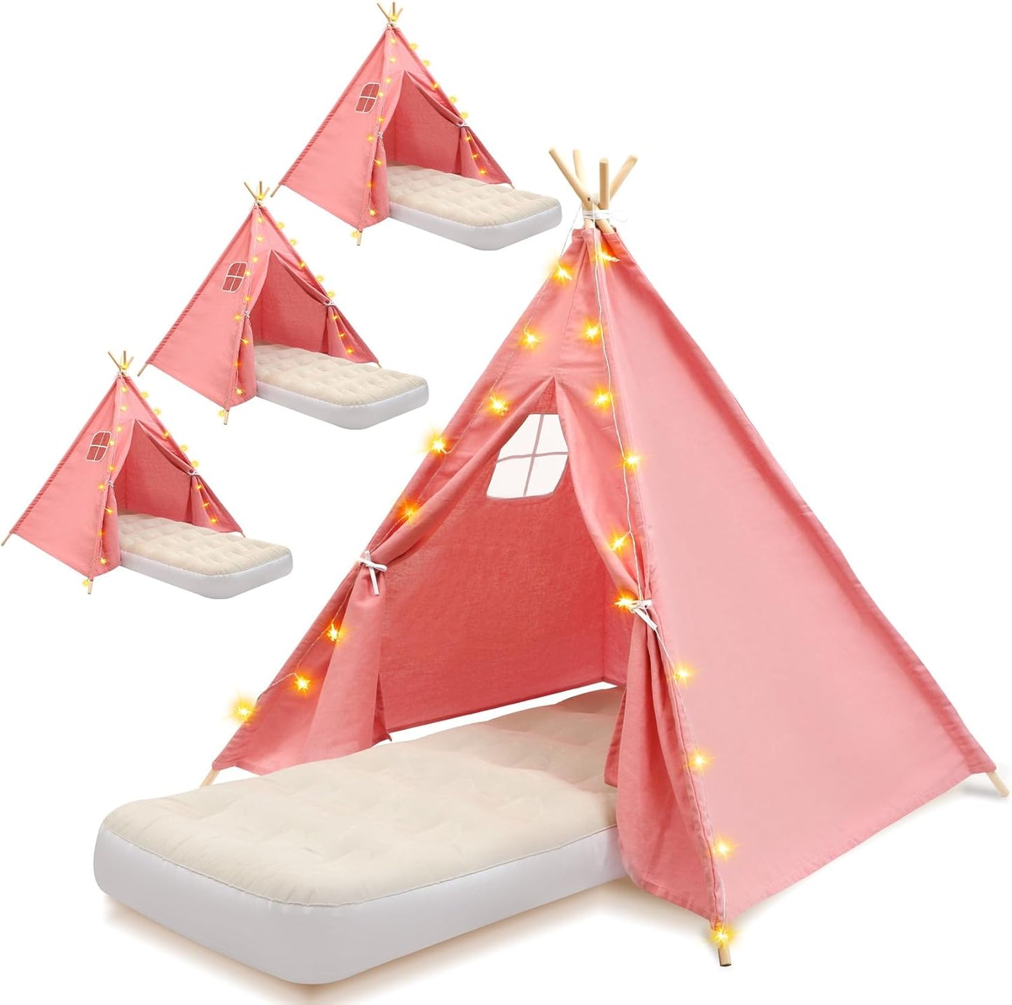 4 Pack Teepee Tent for Kids with Light String and Inflatable Airbed, Slumber Party Tents, Sleepover Tents Party for Girls Boys Indoor Outdoor (Pink)