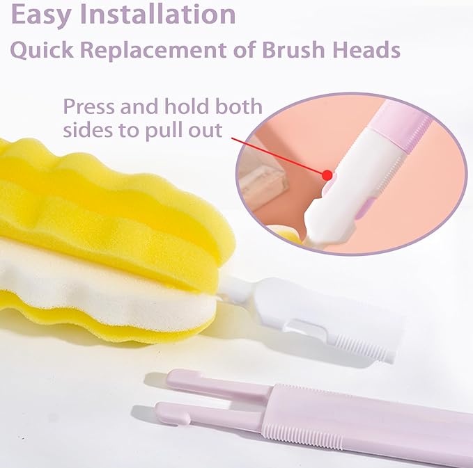 INVODA 4PCS Bottle Brush Long Handle Cup Cleaner Brush Sponge Bottle Scrubber Detachable Handle Portable Sponge Cleaning Brush for Baby Bottle Dishwashing Kitchen Clean Glasses Mugs (4 PCS)