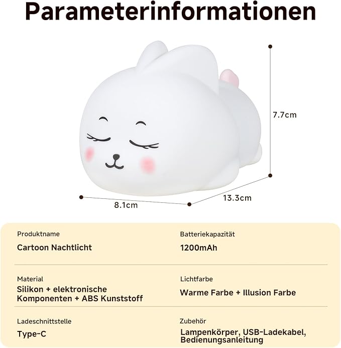 Cute Bunny for Kids Dimmable Baby Room Nightlight, Rechargeable Touch Bedside Nursing Lamp, LED Soft Silicone Novelty Animal Night Light, Halloween Bedroom Decor,Christmas Woman and Kids Gifts