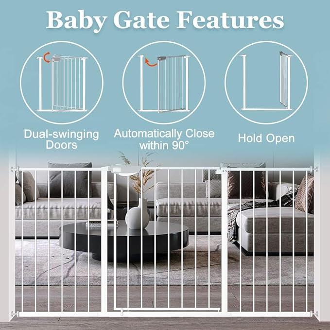 WAOWAO Triple Lock 29.72-47.24" Baby Gate Extra Wide Pressure Mounted Walk Through Swing Auto Close Safety White Metal Dog Pet Puppy for Stairs,Doorways,Kitchen