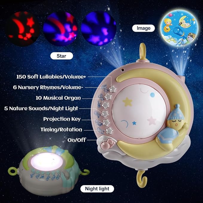 Baby Musical Crib Mobile with Timing Function Projector and Lights,Hanging Rotating Rattles and Remote Control Music Box with 150 Melodies,Crib Toy for Newborn 0-24 Months