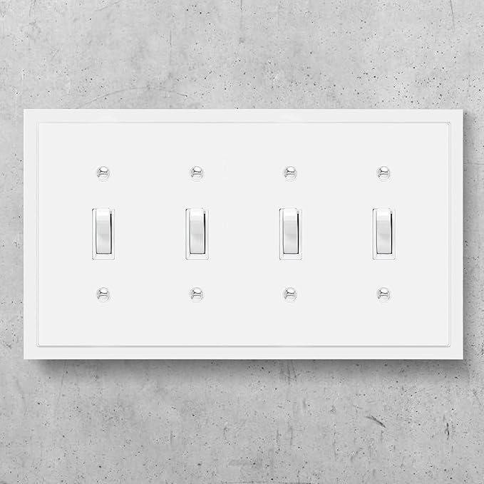 Modern Edge Decorative Wall Plate Switch Plate Outlet Cover, Durable Solid Zinc Alloy (Quad Toggle, White)