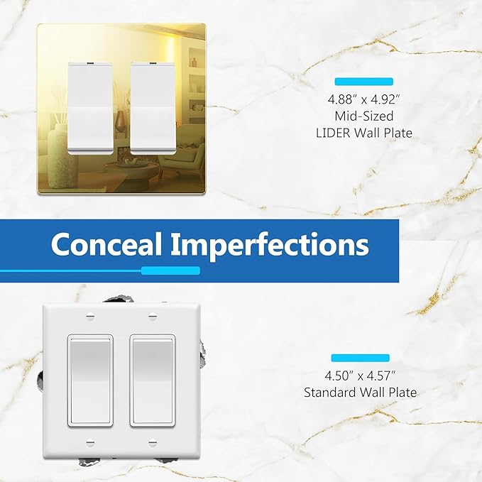 LIDER Double Decorator Wall Plate, Impact Resistant, Mirrored Acrylic, Plexiglass, Reflective Finish, Modern Upgrade, Screwless Light Switch/Outlet Cover, Mid-Size 2-Gang 4.88" x 4.92”Gold