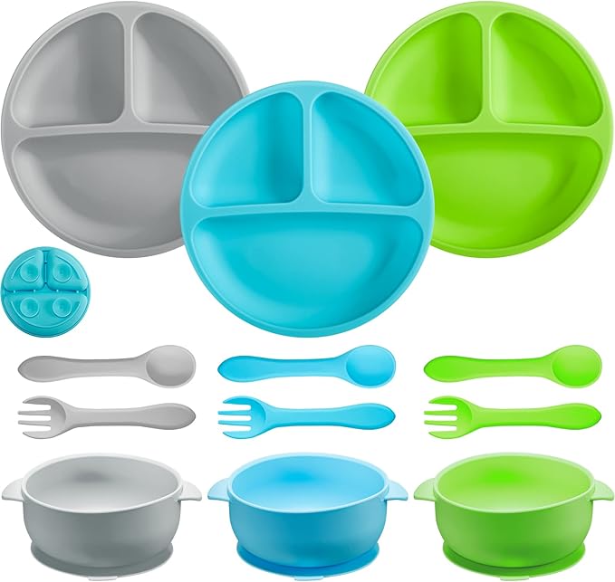 Chengu 12 Pcs Silicone Bowl with Suction Set for Baby Toddler with Suction Plate, Spoon and Fork, Divided Design Baby Feeding Utensils Weaning Kit, Dishwasher and Microwave Safe