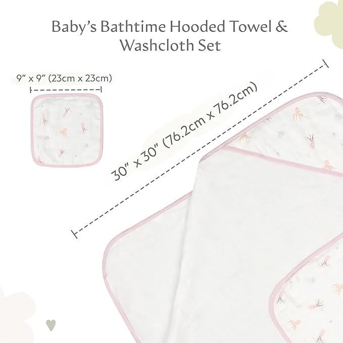 Bamboo Viscose Baby Hooded Towel & Washcloth Set for Babies and Toddlers, Soft & Absorbent, 70% Viscose from Bamboo, 30% Cotton Muslin - Imported (Octopus)