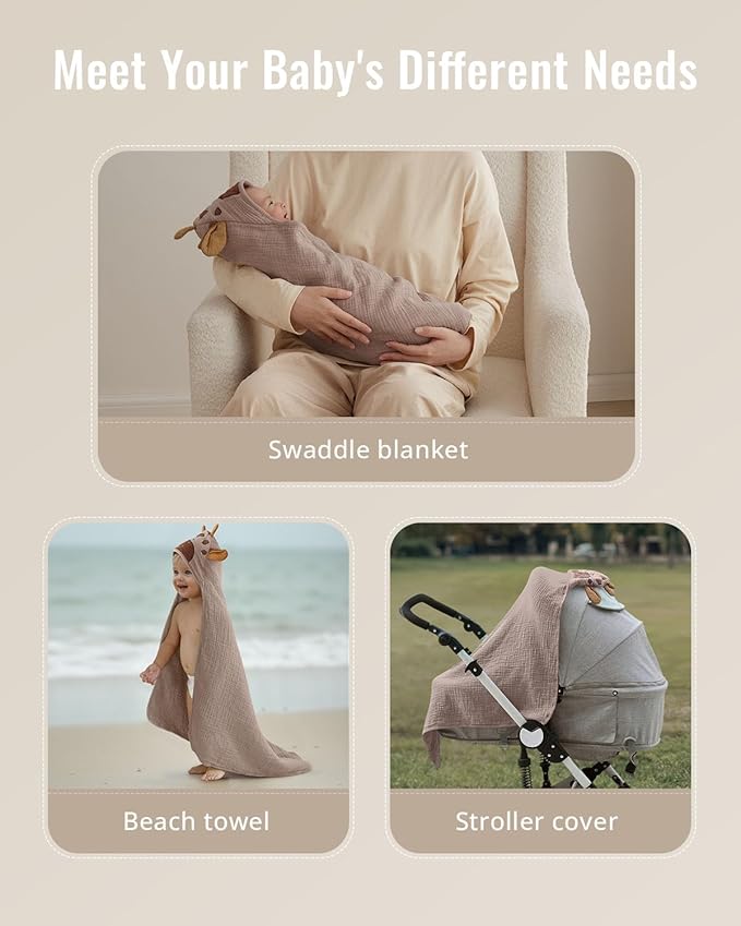 Blissful Diary Muslin Baby Hooded Towel 2 Pack, Soft & Absorbent Bath Towel for Infant, Toddler, Unisex, Baby Gift, Newborn Essentials, Bear & Giraffe