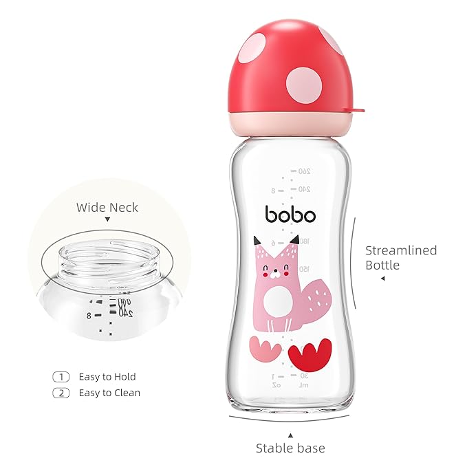YOHKOH Natural Glass Baby Bottle with Natural Response Nipple, Newborn Anti-Colic Baby Bottles, Wide Neck Mushroom Cap Baby Bottle, Clear (8.8ounce (Pack of 2), Red2)
