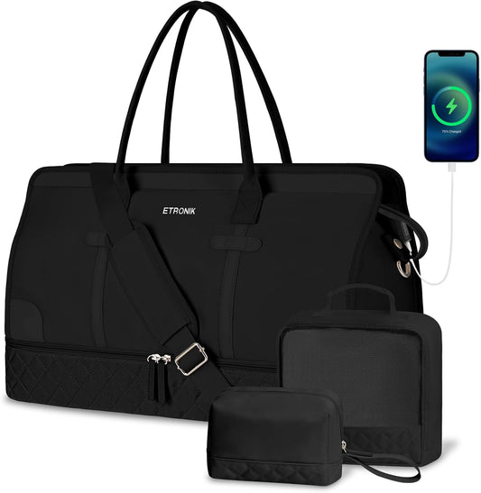 ETRONIK Weekender Overnight Bags for Women, Large Travel Duffle Bag with Shoe Compartment & Wet Pocket, Carry On Tote Bag Gym Duffel Bag with Toiletry Bag for Hospital 4 Pcs Set, Large Size, Black