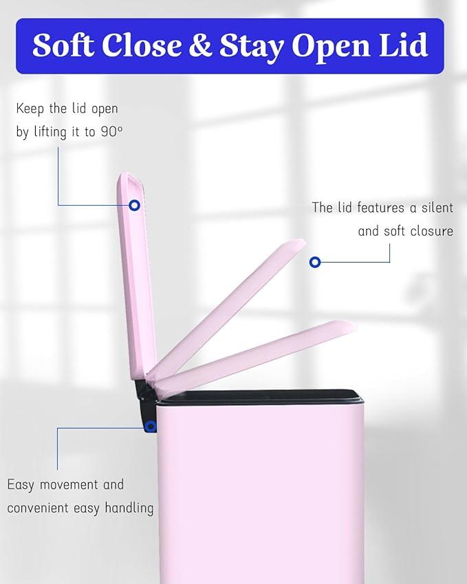 8 Gallon Step Trash Can with Soft Close Lid, 30L Stainless Steel Garbage Can, Fingerprint Resistant with Removal Inner Bucket, Pink Trash Can for Home, Kitchen, Laundry Room, Office, Bathroom