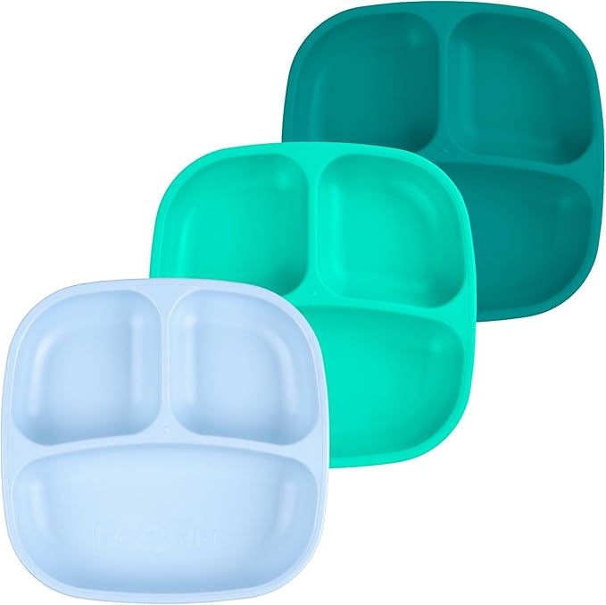 Re-Play Toddler Plates with Dividers - Deep-Walled 3 Compartments Divided Plates for Kids - Dishwasher & Microwave Safe - Made in USA - Set of 3-7.37" x 7.37" x 1.25" - Sea Glass