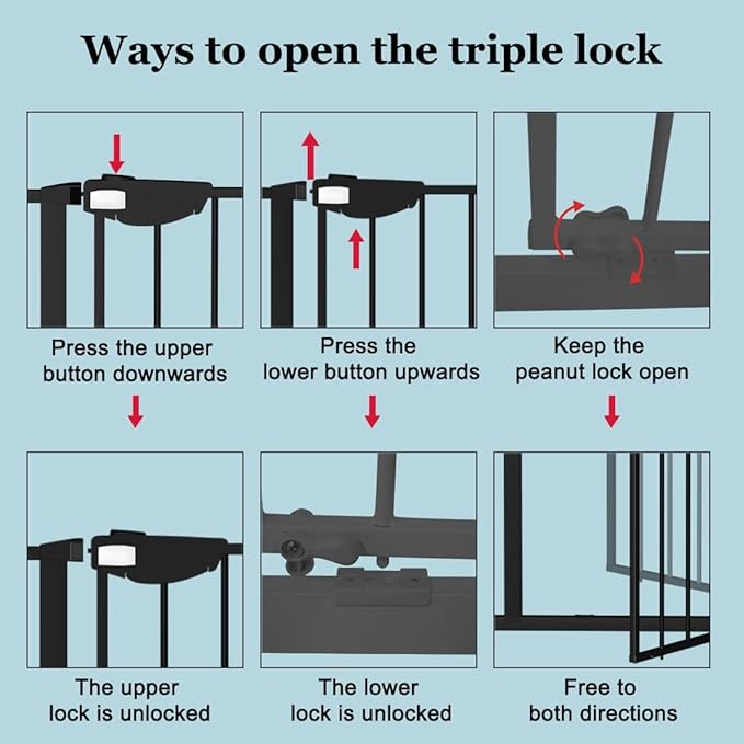 WAOWAO Triple Lock Baby Gate Extra Wide 53.93-57.87" Pressure Mounted Walk Through Swing Auto Close Safety Black Metal Dog Pet Puppy Cat for Stairs,Doorways,Kitchen