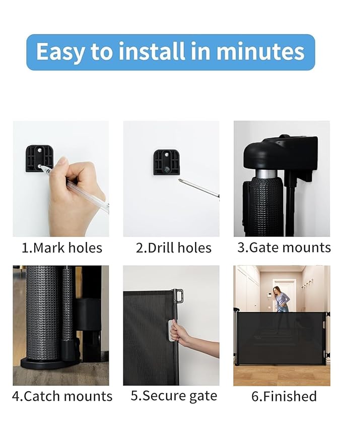 Retractable Baby Gate for Doorways and Stairs, Mesh Safety Gate for Pet, Indoor & Outdoor Use, One-Hand Operation, Easy Installation, 33.6" Tall, Expands to 55" Wide（Black,33.6"x55"