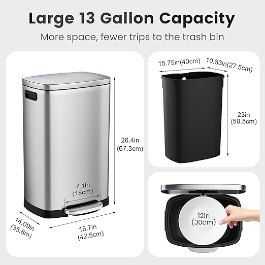 ELPHECO Kitchen Trash Can with Lid Soft Close, 13 Gallon / 50L Stainless Steel Pedal Garbage Can, Heavy-Duty Fingerprint Proof Step Wastebasket with 20 Bags, Removable Bucket, Home Office, Silver