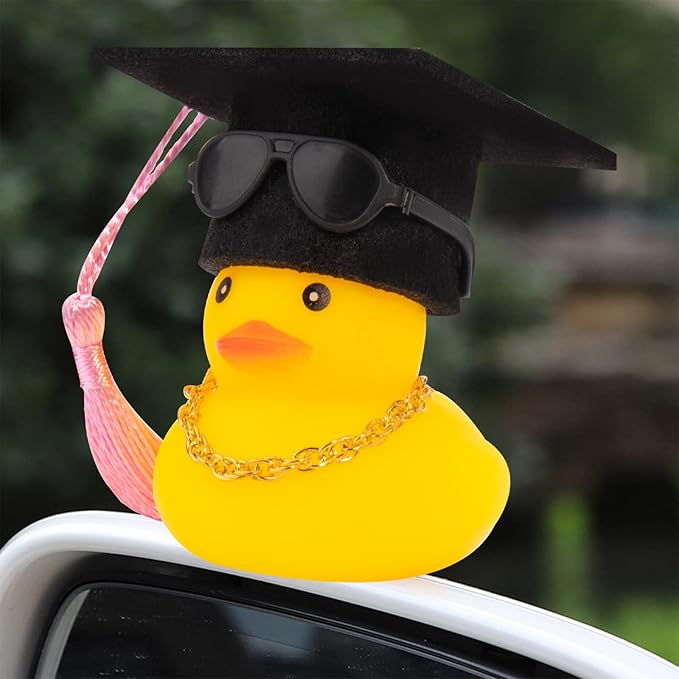 wonuu Car Rubber Duck, Yellow Duck Decoration Dashboard with Sun Hat Swim Ring Necklace Sunglasses for Car Dashboard Decorations, Black Top Hat Pink-Donut