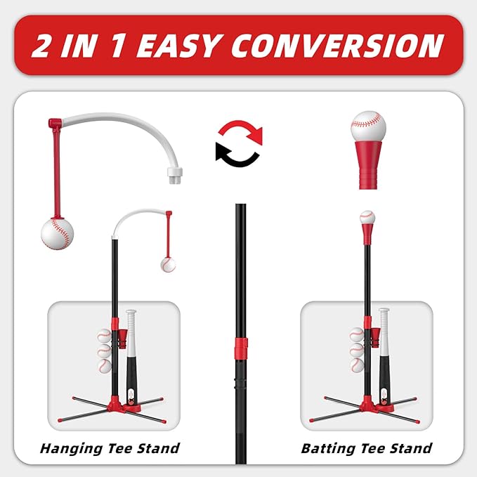 3-in-1 T Ball Set - Adjustable Height, Hanging Tee Ball Set with Automatic Pitching Machine/6 Balls/Retractable Bat, TBall Stand Suit for Outdoor, Sport Toys Gifts for Kids Boys Age 3+