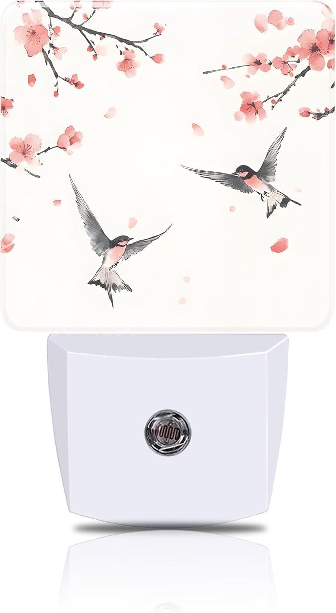 Peach Blossom and Bird Night Light, Plug-in Nightlight with Dusk to Dawn Auto Sensor for Home Bedroom Hallway Kitchen 0.5W Sleep Friendly Led Lamp for Women Men