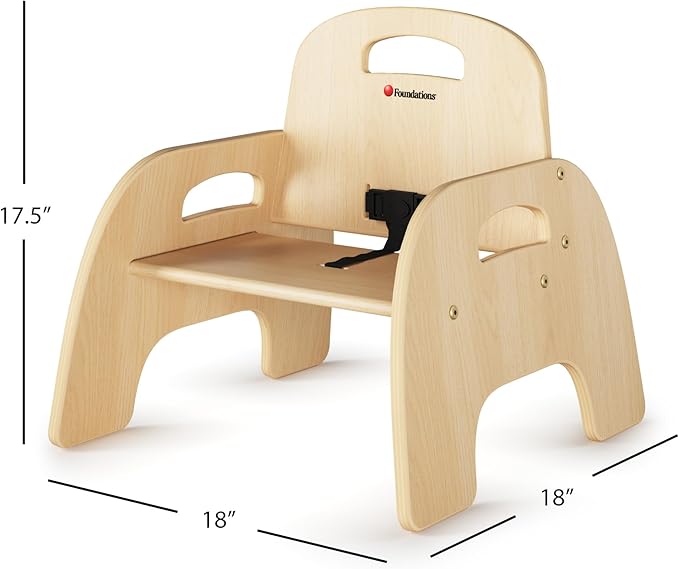 Foundations Simple Sitter 7” Low Wood Feeding Chairs, Wide No-Tip Base, Adjustable Safety Harness, Stackable Wood Toddler Chairs with Food Service Grade Finish, 2 Pack