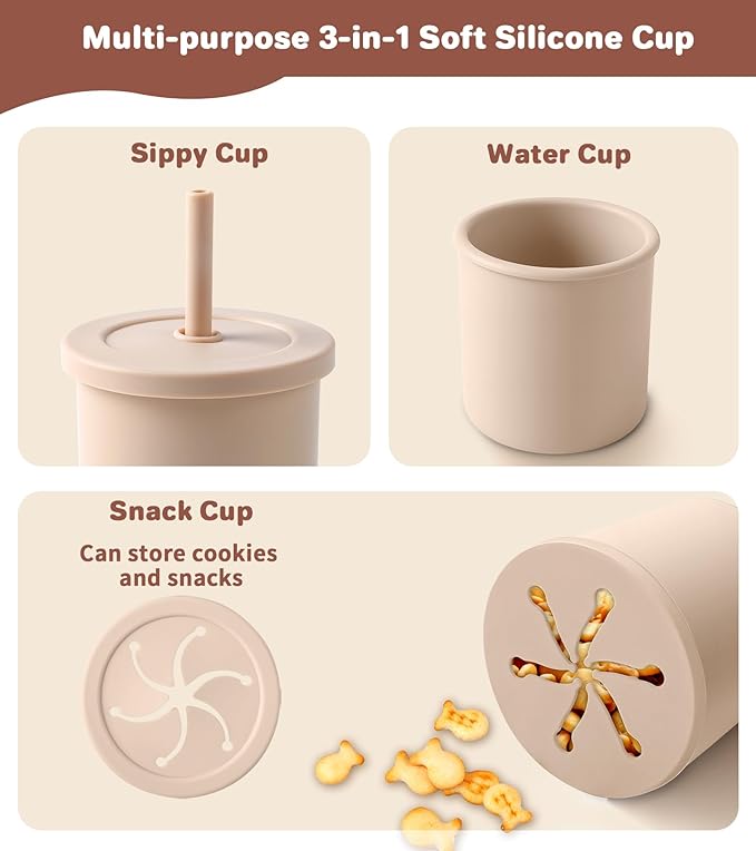 ECLIP Silicone Baby Feeding Set,10 Pcs Baby Led Weaning Supplies Baby Eating Essentials Set with Suction Bowl Divided Plate Adjustable Bib Soft Spoon Fork Cup with Lid Drinking Cup, Travel Bag (Beige)