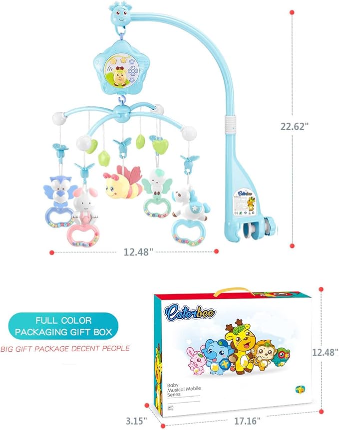 Baby Crib Mobile with Lights and Musicial, Remote, Projector, Newborn Gift for Ages 0+ Months (Blue-Bee)