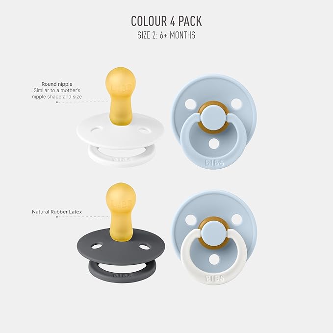 BIBS Colour Soother 4-Pack | BPA Free Dummy Pacifier | Round Nipple | Natural Rubber Latex | Made in Denmark | Size 6-18 Months | White Glow Mix