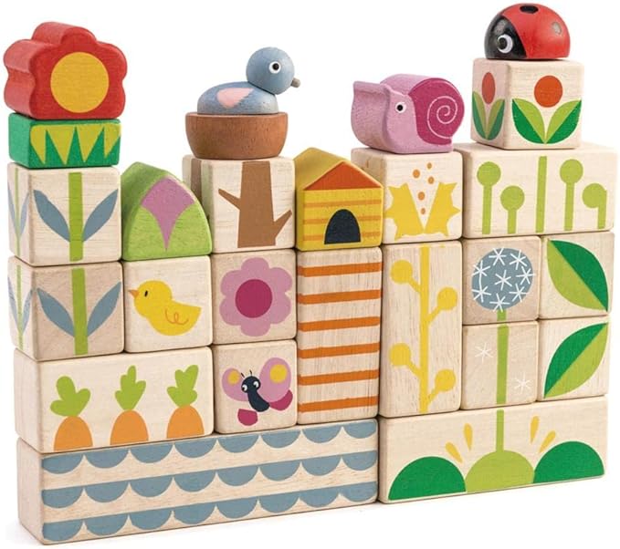 Tender Leaf Toys - Garden Blocks - 25 Pieces Decorative Garden Themed Wooden Stacking Blocks with Peg - Building Blocks, Hand-Eye Coordination Strength & Creative Play - Age 18m+