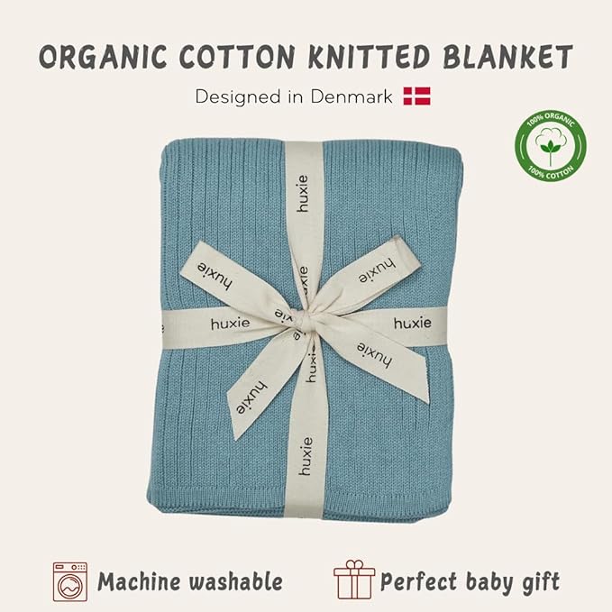 Knitted Organic Cotton Baby Blanket- Swaddle Blanket, 30" x 40" Soft Receiving Blanket for Newborn (Ribbed - Polar Blue)
