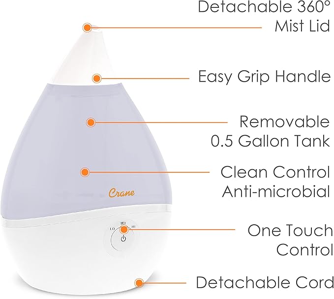 Crane Teardrop Ultrasonic Cool Mist Humidifier for Baby Nursery, 0.5 Gallon, Adjustable Settings, Essential Oil Diffuser White