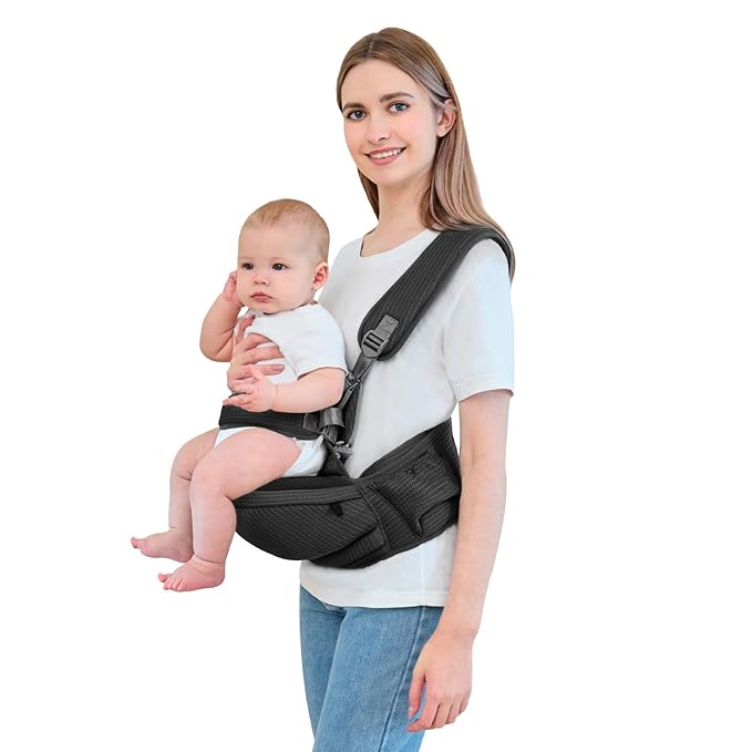 Baby Hip Carrier - Hip Carrier for Baby with Baby Safety Strap - Toddler Carrier 7-45 lbs - Ergonomic Infant Holder Baby Carrier with Hip Seat Large Capacity Pockets(Black)