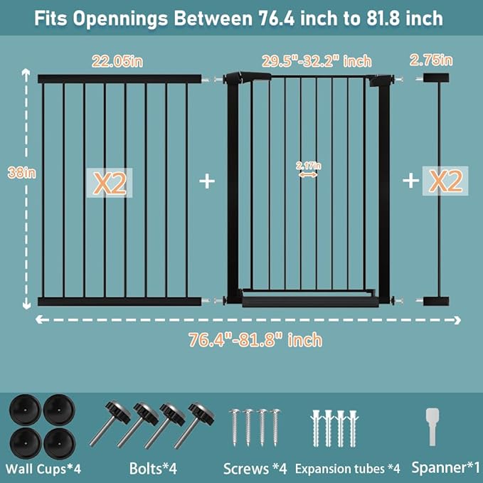 Fairy Baby 38" Extra Tall Baby Gate for Doorways, 76.4"-81.8" Extra Wide Long Dog Gate Indoor for House Stairs, Metal Pressure Mounted Walk Through Swing Safety Gate for Kids Pets, Black