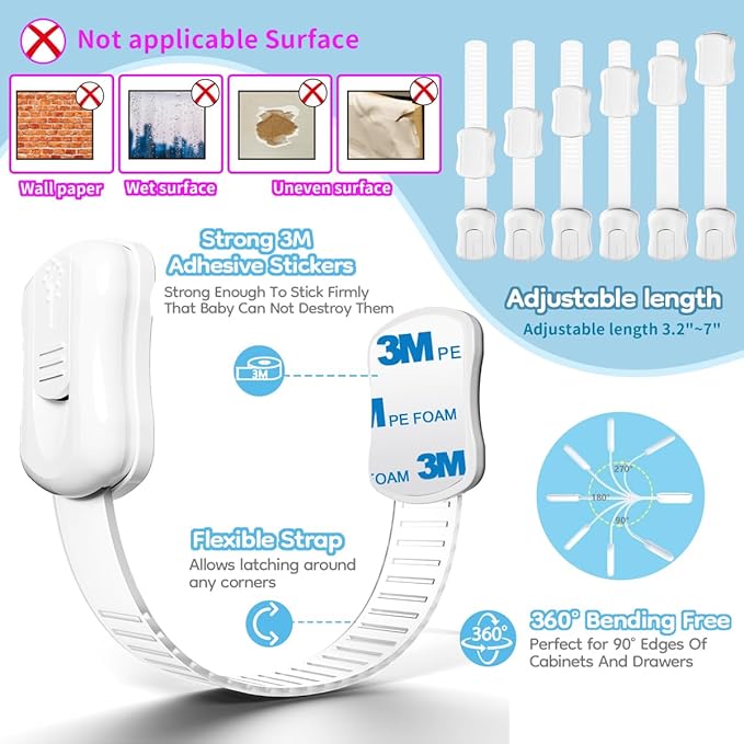 8-Pack Cabinet Locks Baby Proofing - Syican Child Proof Drawer Locks, Multi-Purpose for Drawers, Fridge, Toilet Seat, Trash Can, Ideal Stocking Stuffers, White