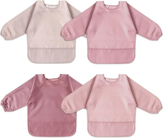 4 Pack Long Sleeve Bib, Waterproof Sleeved Smock for Baby Boy or Girl, Reusable Bib with Pocket, Ages 6-24 Months