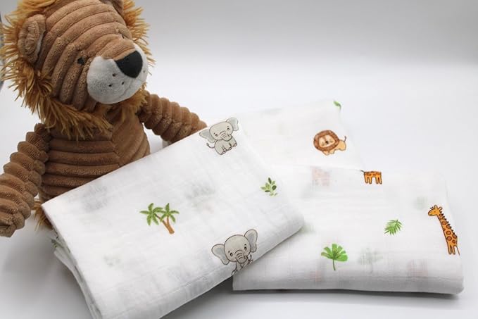 100% Muslin Cotton Baby Receiving Cloths, 3-Pack, 27x27 in (70x70cm), Soft & Gentle for Newborns, Sensitive Skin Safe, for Feeding, Burping & Comfort, 0+ Months (Safari)