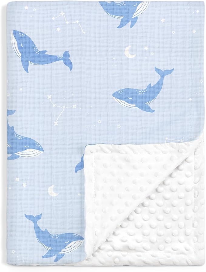 Whale Baby Blankets for Boys Girls, Soft Nursery Minky Blankets with Muslin and Dotted Fleece Back 30x40 inches, Receiving Bed Quilt for Newborn, Infants, Toddlers